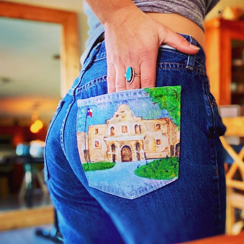 Handpainted Alamo Texas RE/DONE Mid Rise Straight Leg Jeans San Antonio Cowgirl